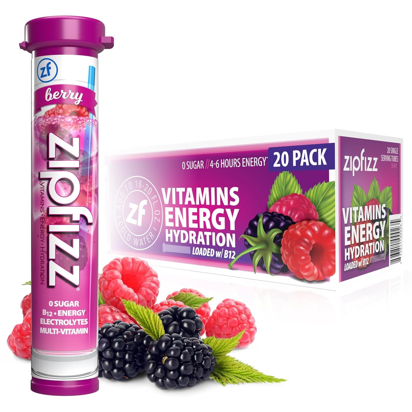 Zipfizz Daily Energy Drink Powder, Berry, 20 Pack | 3-in-1 Sustained Energy, Rapid Hydration, and Essential Vitamins | Sugar-Free | Electrolyte Powder | Contains Vitamin B-12 & Antioxidants