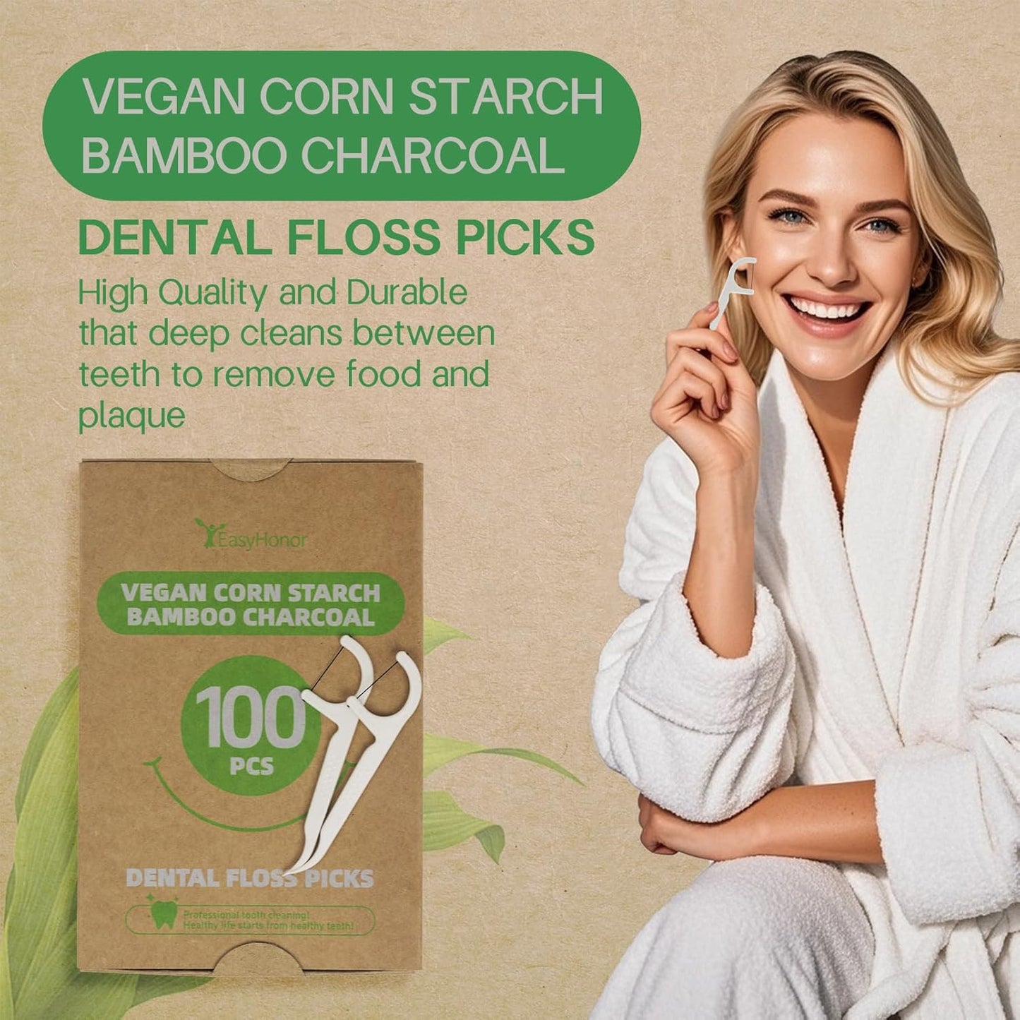 EasyHonor Organic Dental Floss Picks - Natural Biodegradable Floss Sticks with Strong Bamboo Charcoal Thread & Vegan Corn Starch Handle.(100PCS)