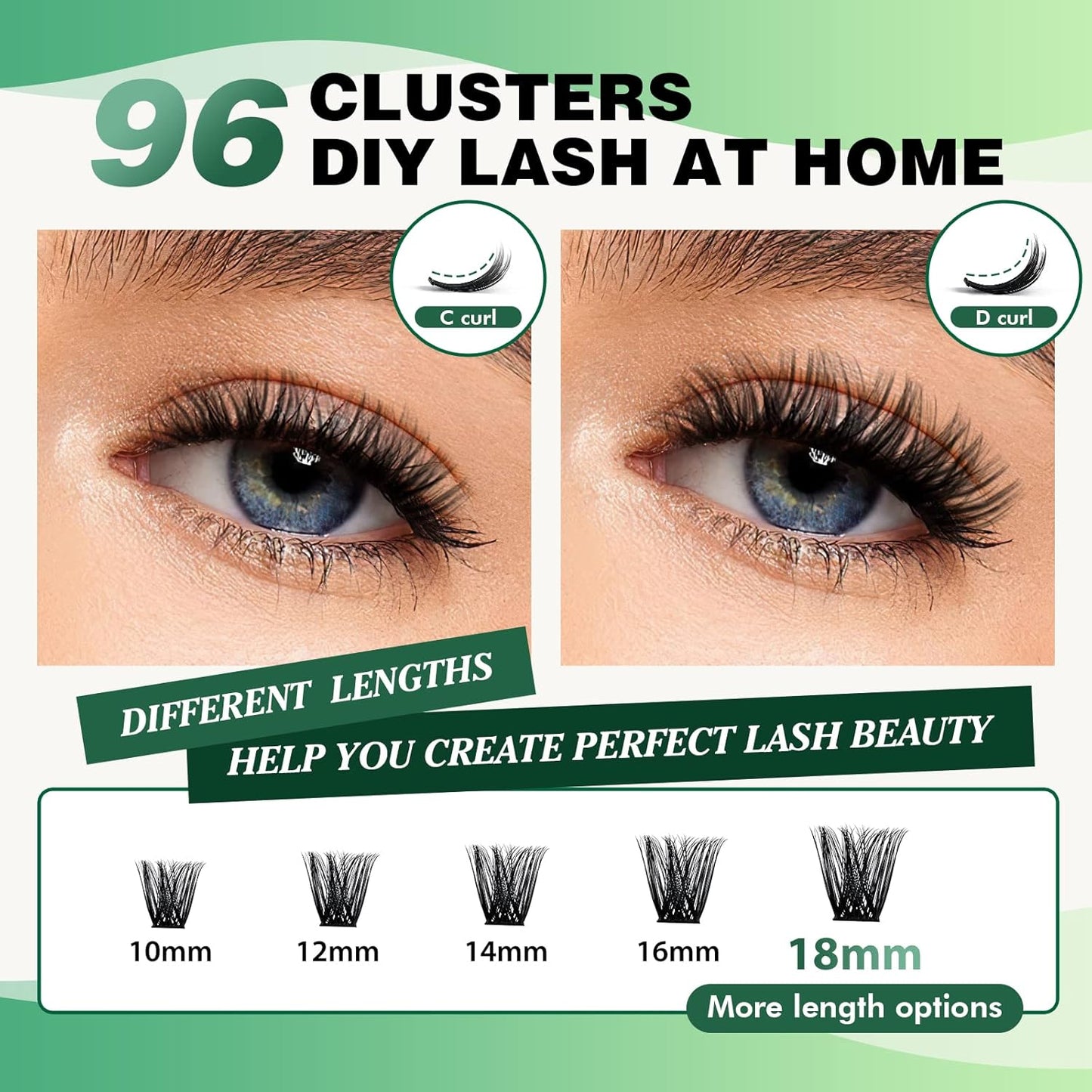 Lash Clusters 96pcs Individual Lashes D Curl 18mm Cluster Lashes KEYYOU Volume Wispy Lash Extension Soft&Comfortable Easy DIY at Home(Y03 D-18mm)