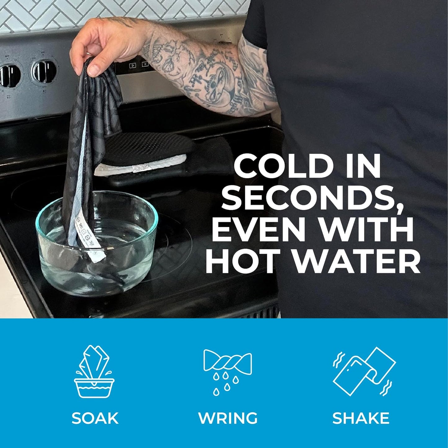 SHAKEitCOOL Extended Size Cooling Towel – Be Cool in Style - Heat Relief, Soft, Lightweight, Sun Protection, Easy Clean - Perfect for Biking, Hiking, Running, Yoga, Golf, Gardening - Black Topo M