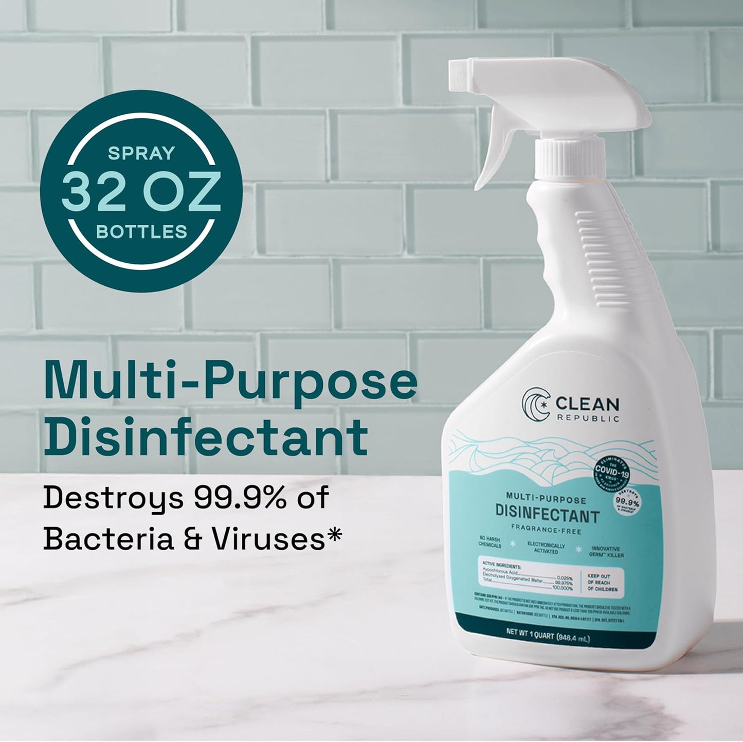 Clean Republic Multi-Purpose Disinfectant, Cleaning Spray, 32 Fluid Ounce Bottle, 12-Pack