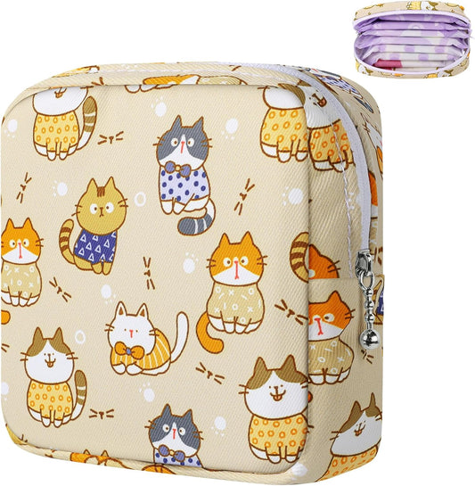 Period Bag Pouch, Canvas Sanitary Napkin Storage Bag for Girls Womens, Portable Sanitary Napkin Period Pad Pouch for Purse, Small Make Up Bags(Khaki Cat)