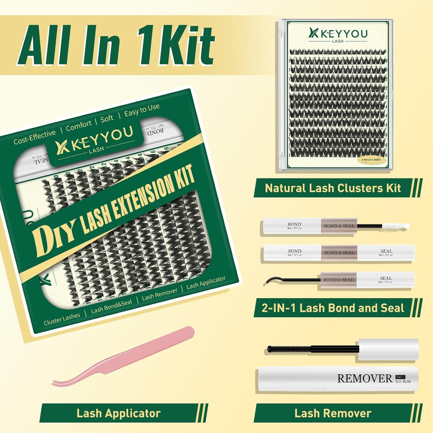KEYYOULASH DIY Lash Extension Kit 120pcs 8-18MIX Lash Clusters Eyelash Extension Kit with Lash Bond and Seal,Remover,Applicators for DIY Lash Extensions at Home (KY01 Kit)