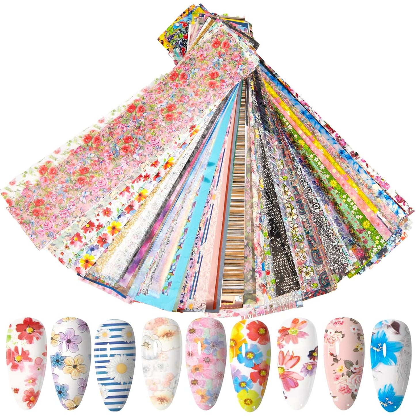 WOKOTO 300 Sheets Nail Foils Transfer Nail Art Holographic Flower Rose Solid Nail Art Foil Sheets, 1 Set for All Various Designs Nail Transfer Foil for Women Girls Nails