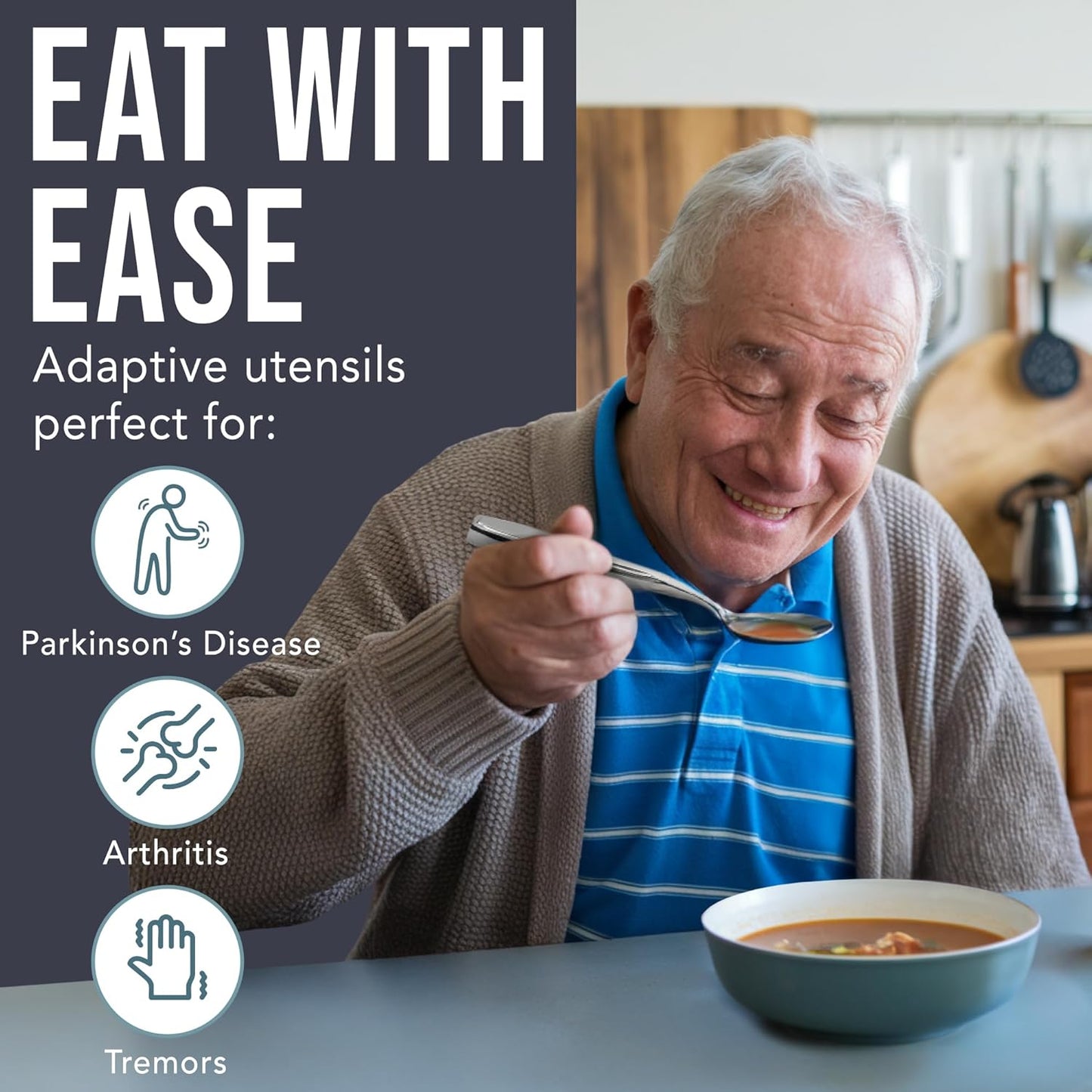 BUNMO Weighted Utensils for Hand Tremors – 4pc Adaptive Utensils for Elderly, Persons w/weak hands – Discreet Travel Wrap, Stainless Steel & Dishwasher Safe – Weighted Silverware Set