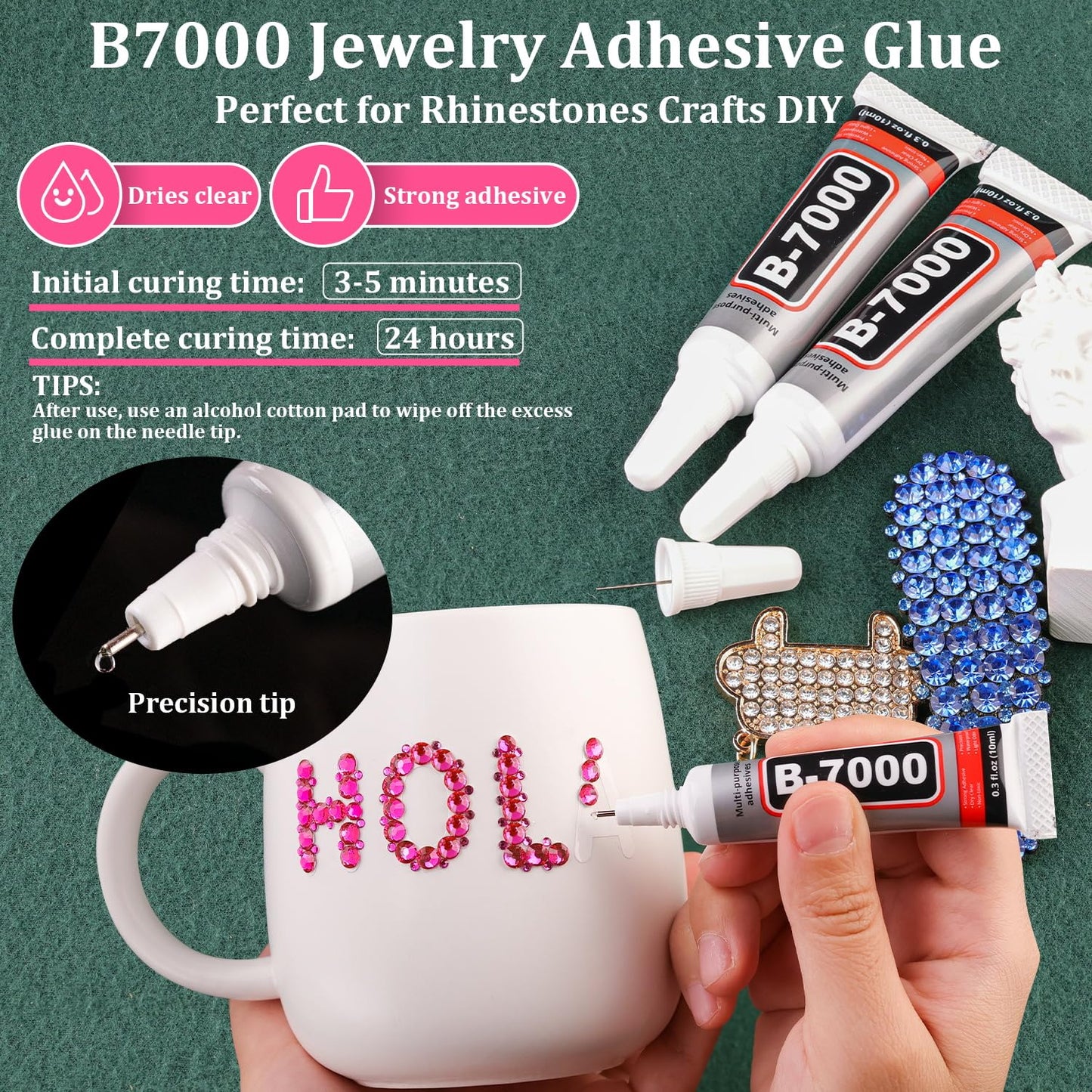 Resin Rhinestones for Crafting with B7000 Jewelry Glue, 1 Box Hot Pink Flatback Crystals with 3Pcs 10ml Glue for Bedazzling Crafts DIY Nail Art Makeup，Non Hotfix Gems for Clothing Shoes