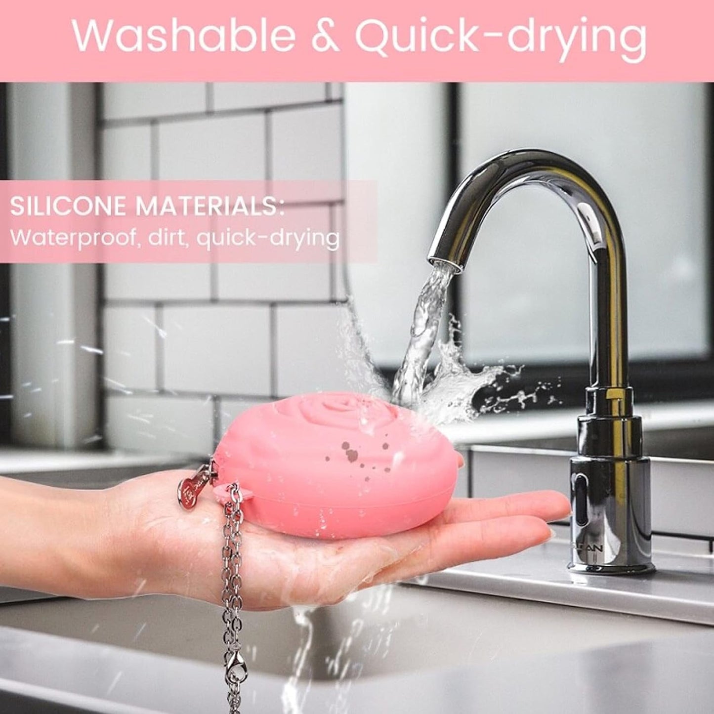 Menstrual Period Cup Case Storage Bag | Rose Design + Silicon Material | Easy to carry, clean, and use | Metal Chain attached | Multi-use for small items (Cup not included) Pink