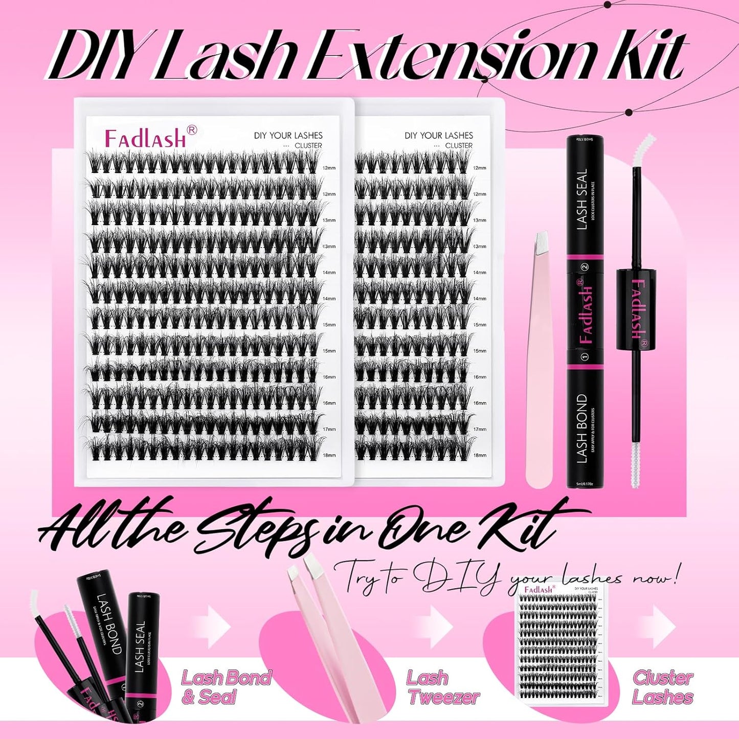 DIY Lash Extension Kit Lash Clusters Kit 240 Pcs Lash Bond and Seal Cluster Lashes D Curl with Lash Tweezers for Eyelash Extension Kit at Home Individual Lashes Kit (Kit 40D-0.07D, 12-18mm)
