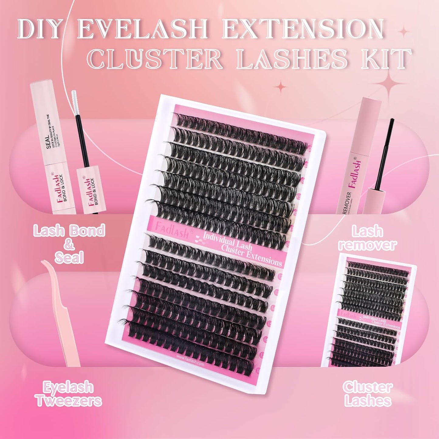 FADLASH Lash Extension DIY Kit Lash Clusters D Curl Cluster Lashes with Lash Bond and Seal Cluster Lashes Glue Remover Lash Tweezers for DIY Eyelash Extension at Home（Kit 60D+80D-0.07D-12-18MIX）