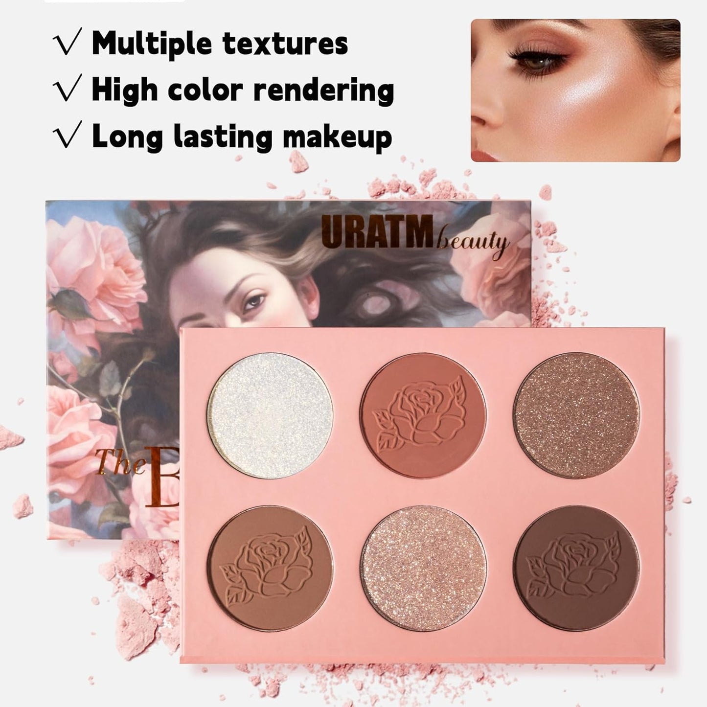Radiant Rosé Blush Palette - 6 Shades, Fresh Glow, Silky-Smooth Texture, Beginner-Friendly, No Pigment Residue Featuring, 3 Shimmer Shades and 3 Natural Soft Blush Tones | Eye Make Up Palette