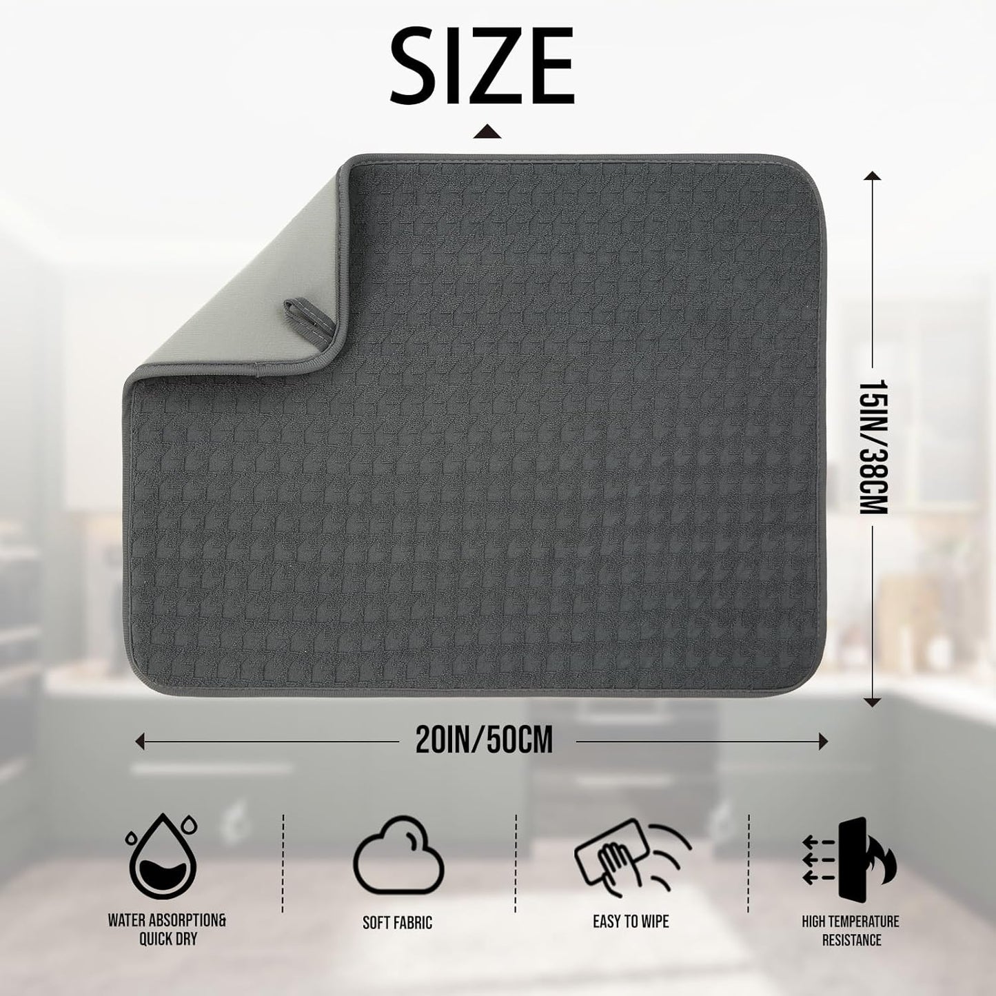 2 Pack Microfiber Dish Drying Mat for Kitchen Counter,Ultra Absorbent Dish Drainer Mat ,Dish Drying Pad , Dish Rack Mat 20×15 Inch (Dark Gray)