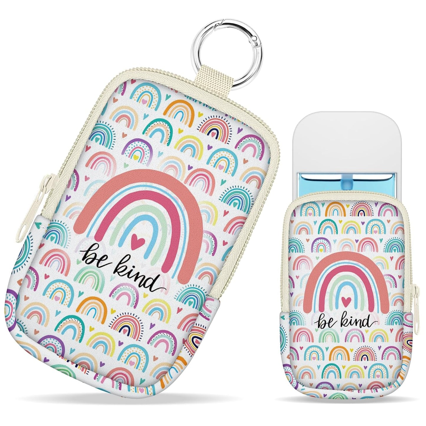 Be Kind Rainbow Hand Sanitizer Spray Case, Hand Sanitizer Holder Zippered Pouch, Cute Fashion Accessory with Snap Hook for Glow Mist and Power Mist 1FL OZ