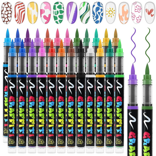 EBANKU 24 Colors Nail Art Pens Quick Drying, 3D Soft-Tip Nail Polish Pens Acrylic Paint Nail Pens for Nail Art Color-fast Nail Point Dotting Liner Pen Sets for Home & Salon Nail DIY Art Design Tools