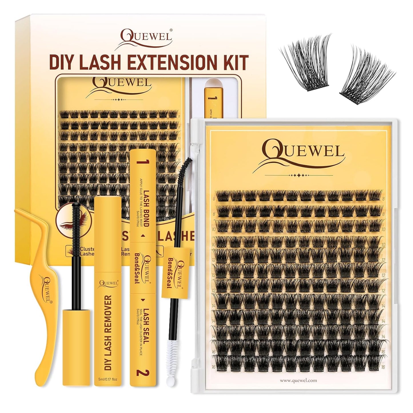 QUEWEL Lash Clusters Kit, Lashes Clusters Bond and Seal Waterproof, Eyelash Clusters Applicator Tool with Cluster Lashes Glue Remover for Natural Look DIY At Home(ZS-H01-kit)