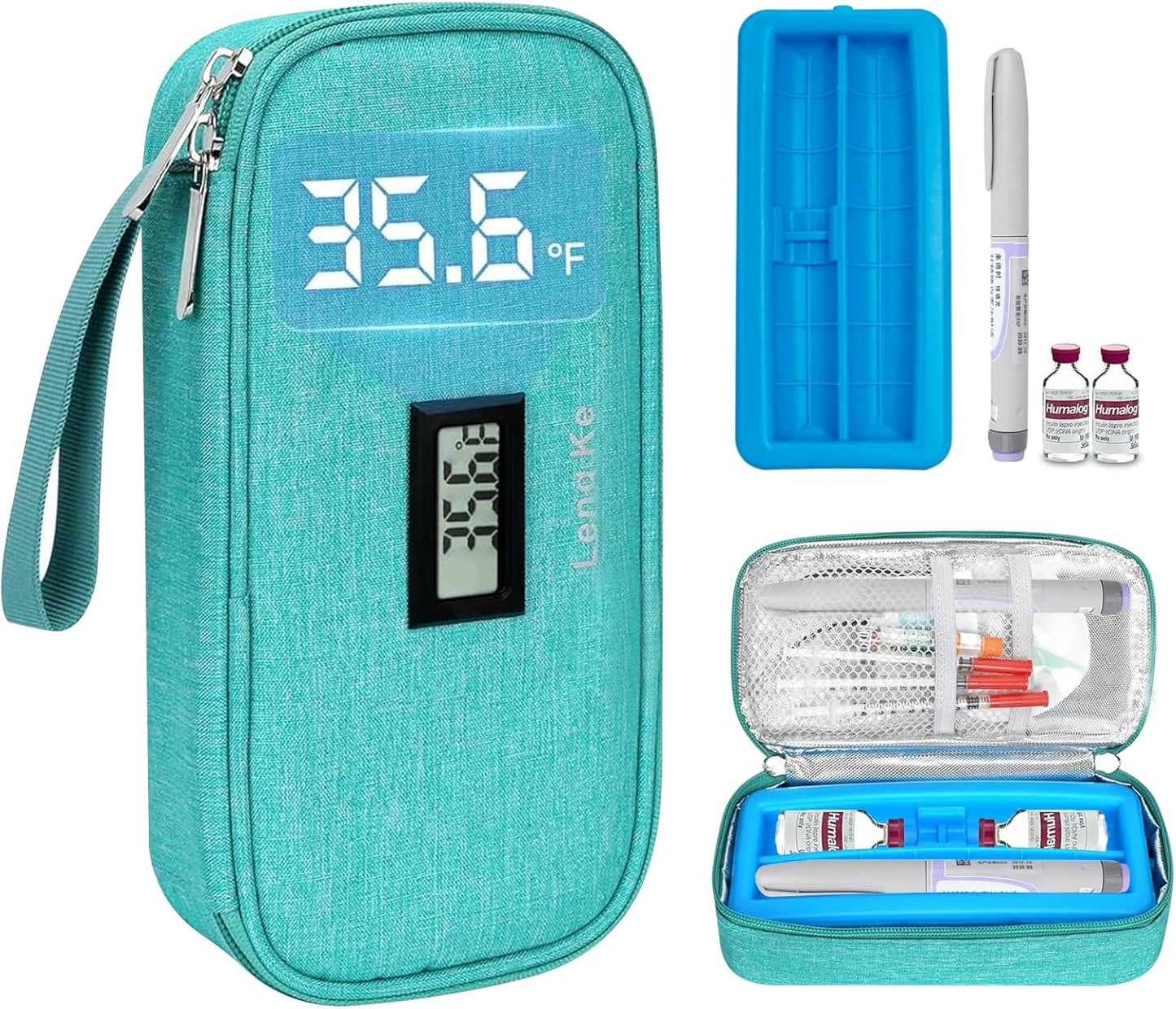 Insulin Cooler Travel Case for Pen & Vials - TSA Approved Temperature Display Diabetic Medication Cooling Bag with Protective Ice Brick, Refrigerated Diabetes Supplies Carrying Organizer(Green)