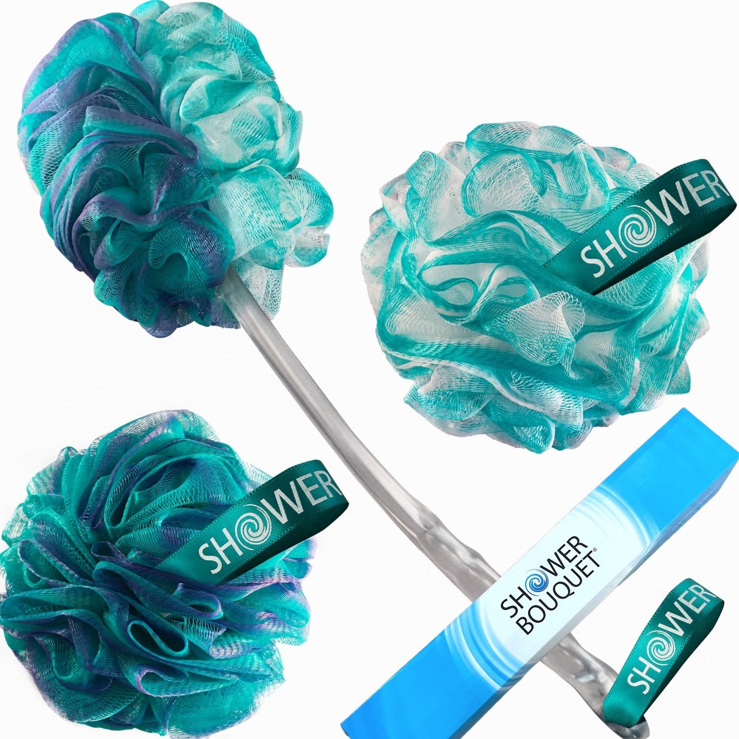 SHOWER BOUQUET 2-Sided-Loofah-Back-Scrubber & Bath-Sponge Set // 1-Long-Handle-Back-Brush Plus 2-Extra-Large 75g Soft Mesh Poufs, Men & Women - Exfoliate with Full Pure Cleanse in Bathing Accessories
