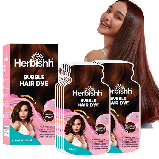 Herbishh Bubble Foam Hair Dye Shampoo, 3 in 1 Dye for 100% Grey Coverage, Permanent Hair Coloring for Men & Women, Long-lasting & Travel-friendly, Ammonia-free, 10 Sachet x 24 ml (Chestnut Brown)