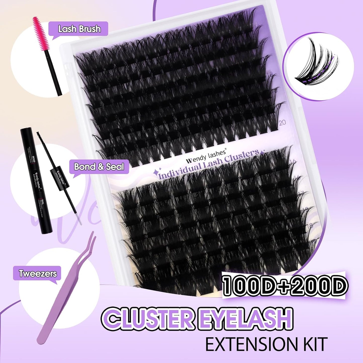 Lash Clusters Kit for Using at Home: Ultra-light, DIY, Natural, Fluffy, Wispy, Waterproof, Anime, Manga, Cat Eye, C Curl, 16-20mm, 100P+200P, Wendy, RT318