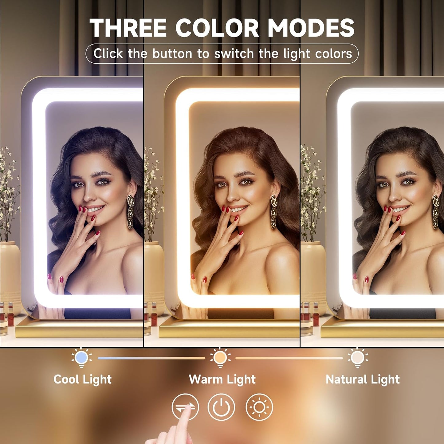 Hasipu Vanity Mirror with Lights, 31.5" x 20" LED Makeup Mirror, Lighted Makeup Mirror with Dimmable 3 Modes, Touch Screen Control Vanity Mirror Round Gold