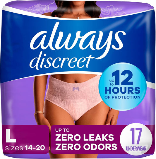 Always Discreet Adult Incontinence & Postpartum Underwear for Women, Maximum, Large, 17 Count (Packaging May Vary)