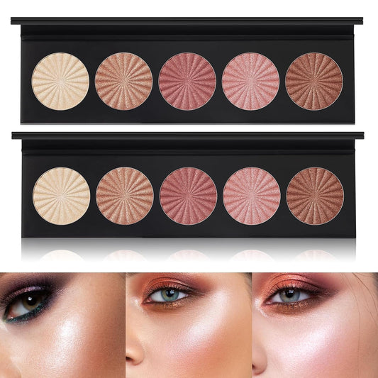 2 Packs Highlighter Powder Palette, 5 Colors Makeup Palette Contour Palette Eyeshadow Makeup Kit Waterproof Long Lasting Brilliant Lighten Skin Color Professional Face Shading Set (2, brown, Large)