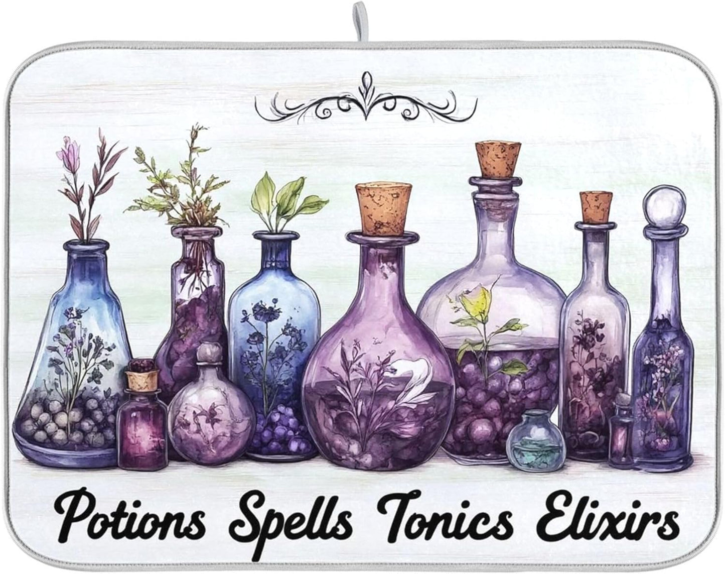 Halloween Potions Dish Drying Mat for Kitchen Countertop 16x18 Witch Herbs Purple Spooky Small Drying Mat Reusable Quick Dry Dish Sink Mats Easy Clean Decorative Essentials