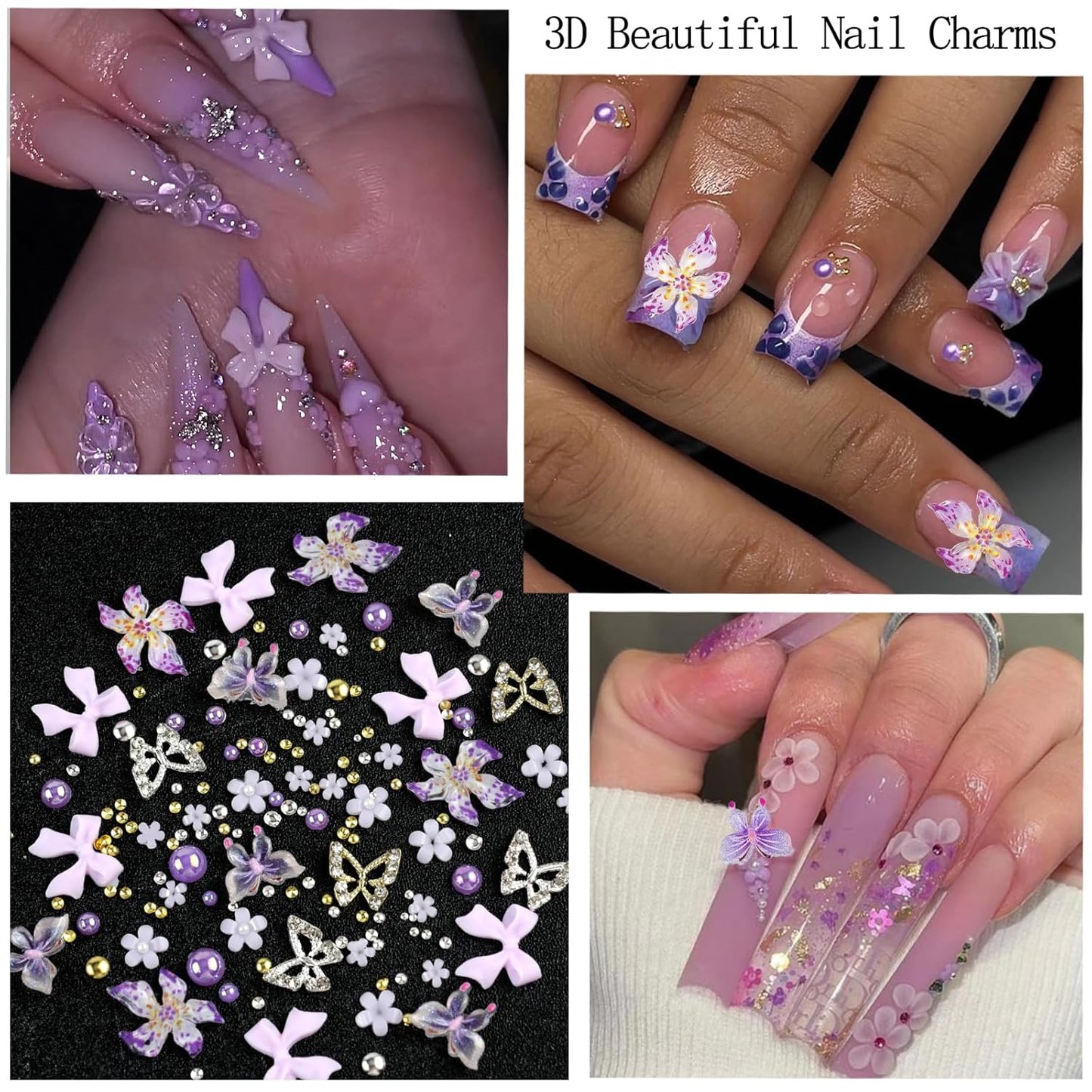 Nail Art Charms with Rhinestones Glue Gel Purple Flatback Pearls Flower Butterfly Nail Gems Supplies Accessories Gold Silver Nails Pearls for Women Nails Design Decoration