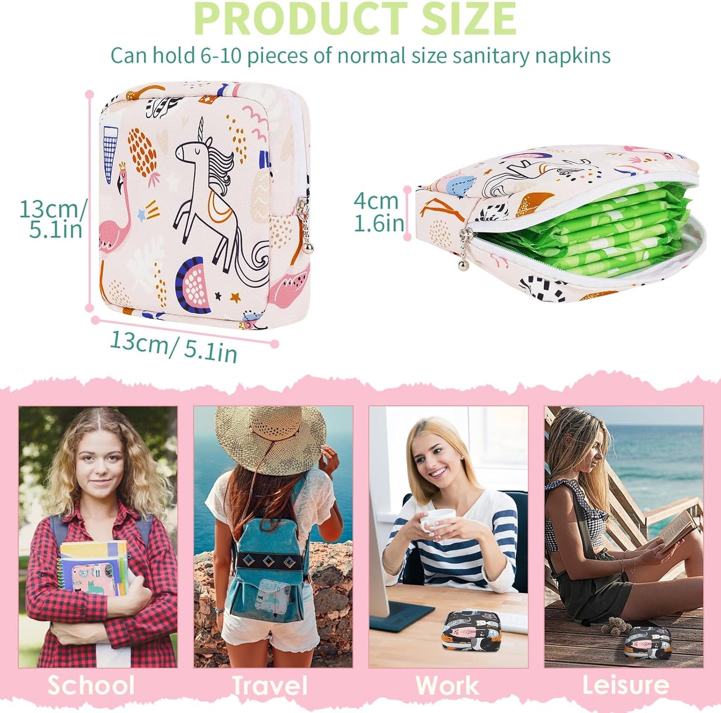 Desing Wish Sanitary Pad Storage Bag Portable Period Bag for Teen Pads/Sanitary Napkins/Small Tampons, Sanitary Napkin Storage Bag First Period Gifts for Teen Girls (Pink Horse)