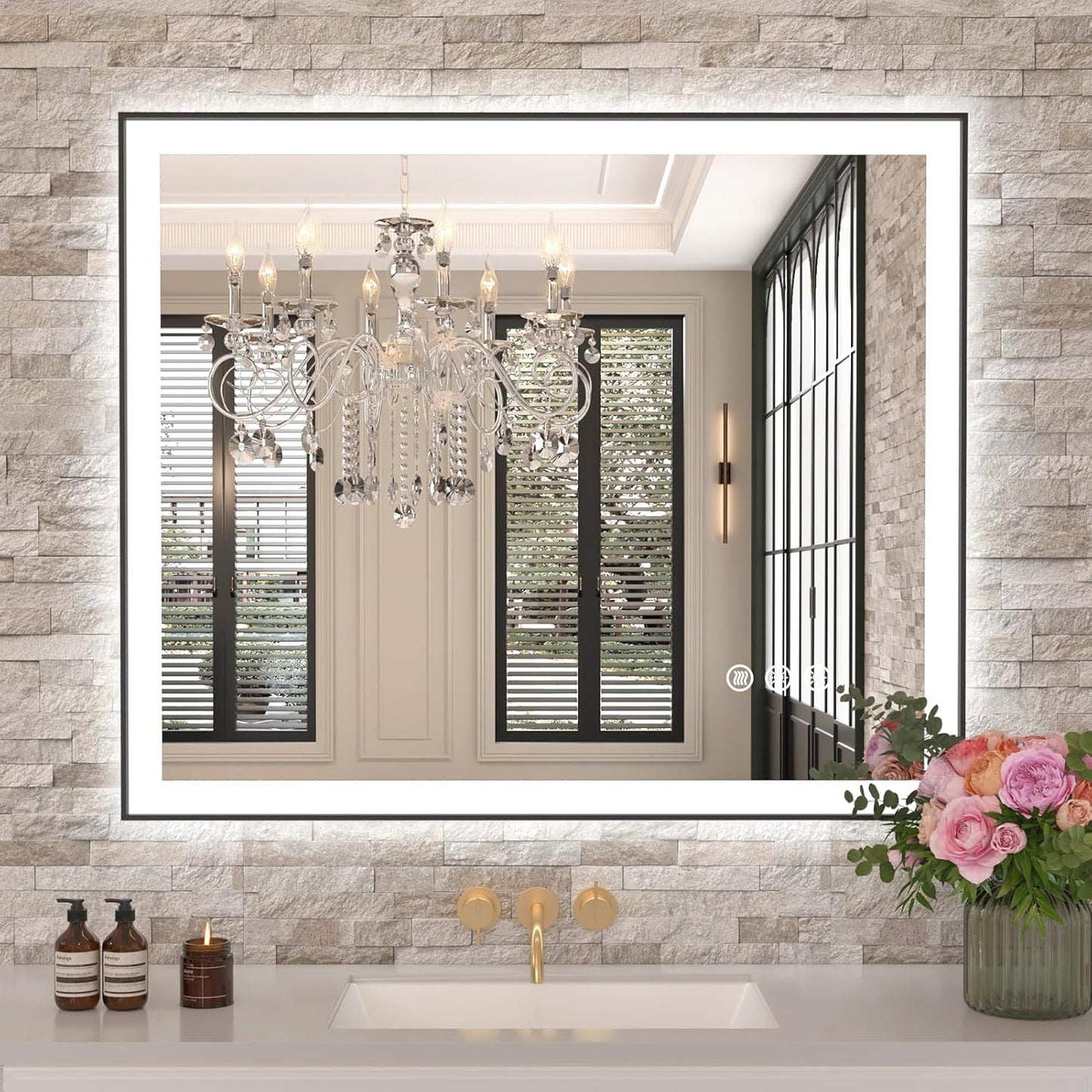 Amorho 30"x 36" LED Bathroom Mirror with Black Frame, Front Light and Backlit(Controlled Separately), Stepless Dimmable, Anti-Fog, Shatter-Proof, 3 Colors, Memory