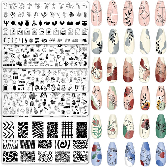 Whaline 6Pcs Abstract Lady Face Nail Plates Stamping Set Boho Plant Stamp Templates Nail Art Plates for DIY Print Manicure Salon Design Gift Supplies