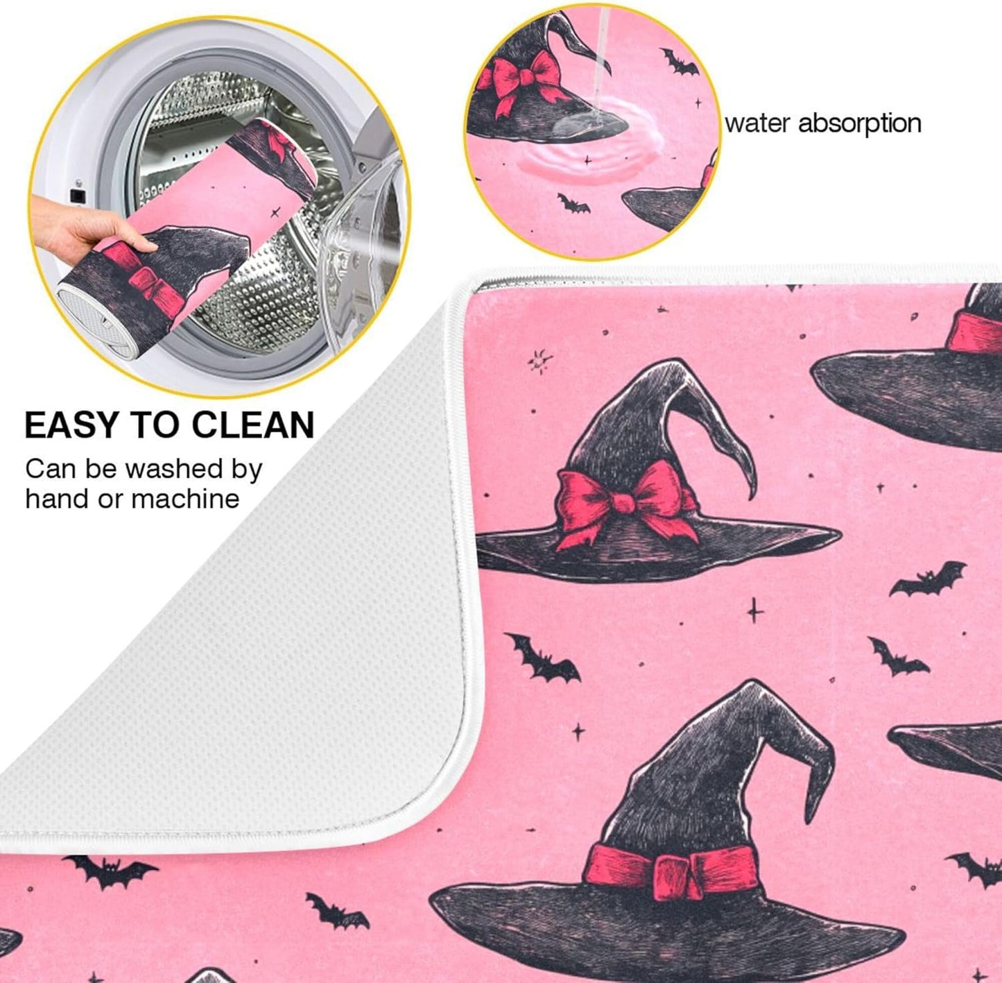Witch Bow Hot Pink Dish Drying Mat for Kitchen Countertop 16x18 Halloween Bowknot Bat Small Drying Mat Reusable Quick Dry Dish Sink Mats Easy Clean Decorative Essentials