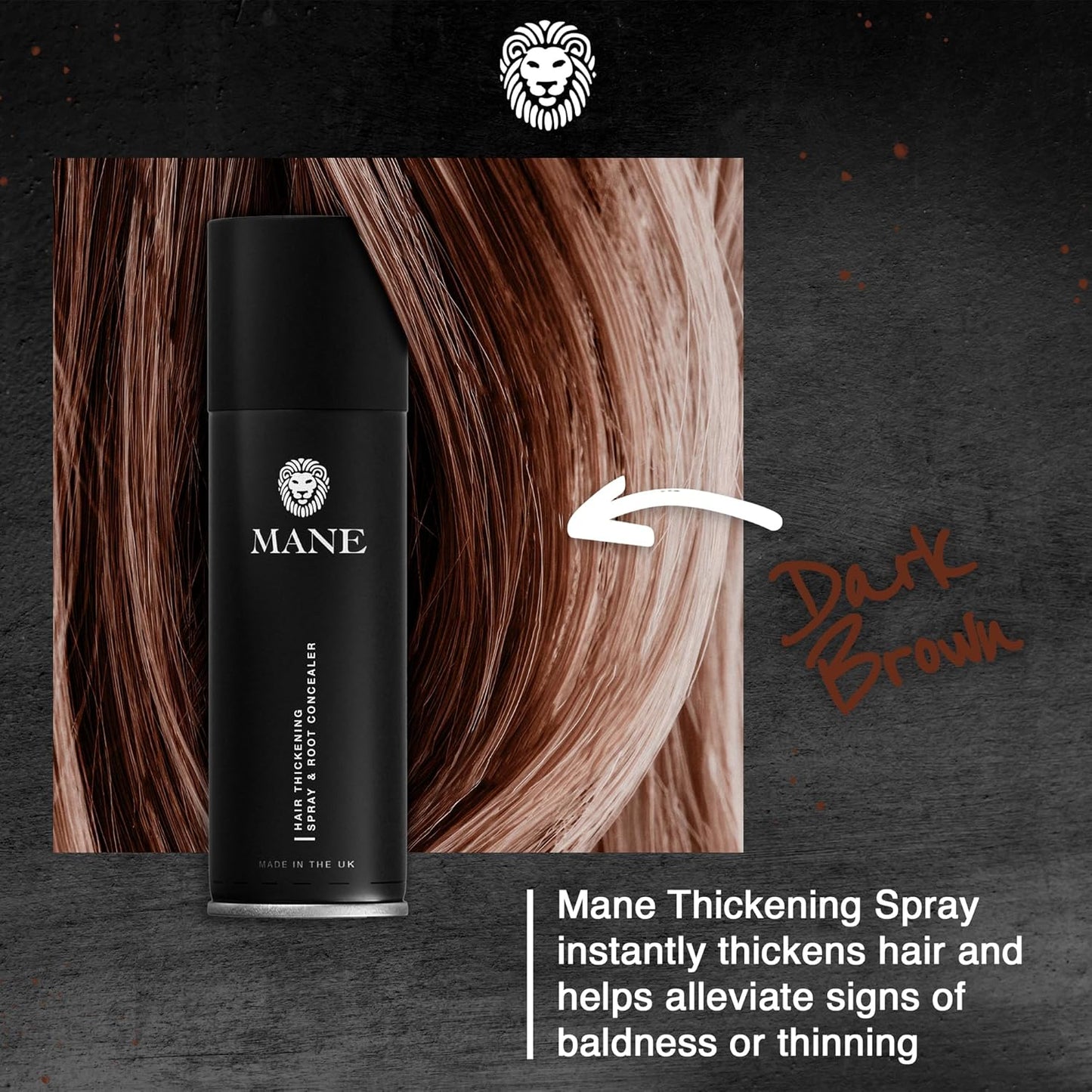 Mane Hair Thickening Spray & Root Touch Up, Instantly Thicker Hair for Men & Women, Fill in Hairlines and Hide Thinning and Fine Patches - Dark Brown, 12 Colors (6.76 oz)