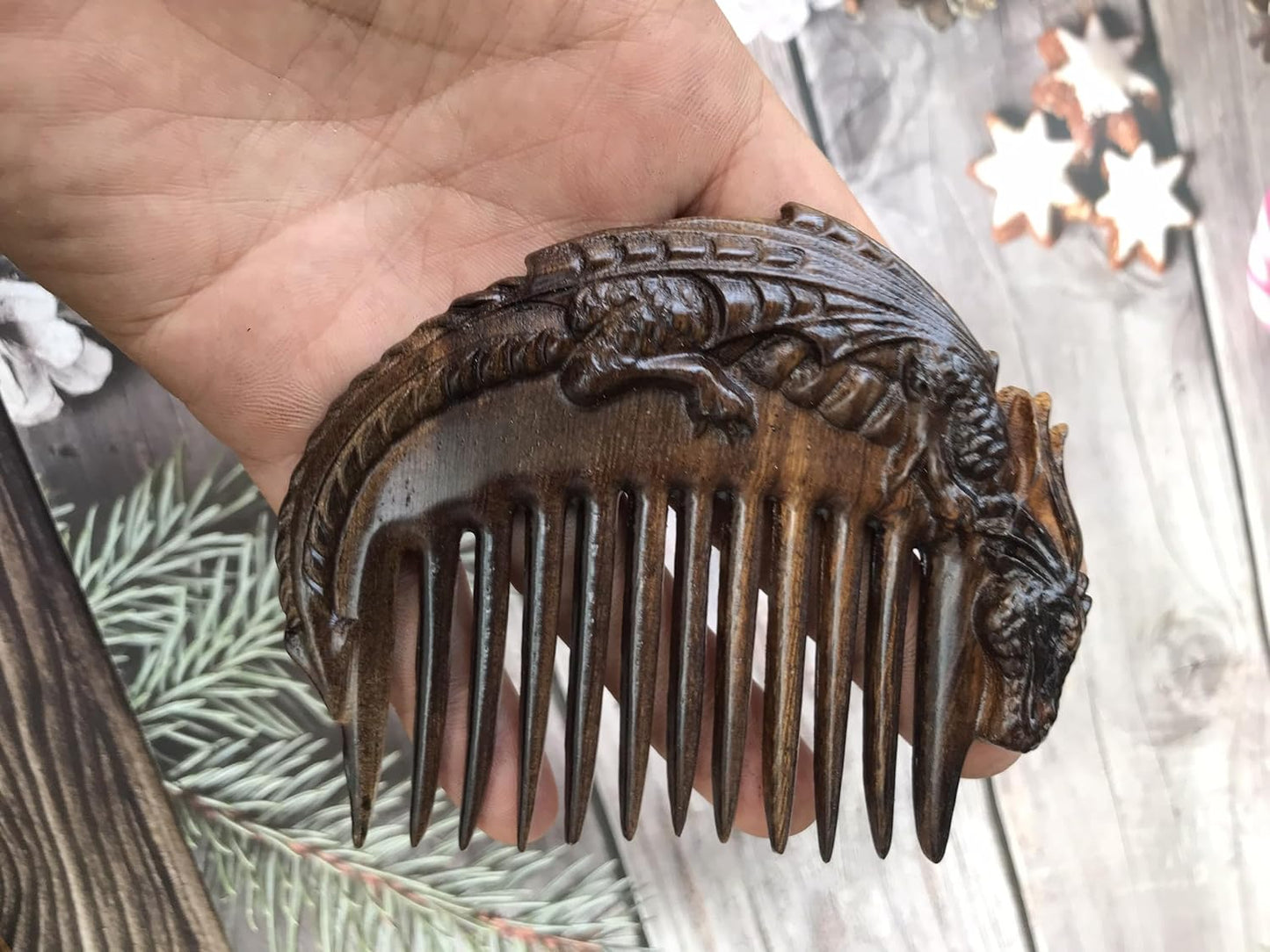 Handicraftviet Hand-Carved Wooden Hair Comb, Wooden Viking Comb for Men's Hair, Beard, and Mustache, Unique for Dad; Viking Gifts for Dad and Grandpa - Dragon comb