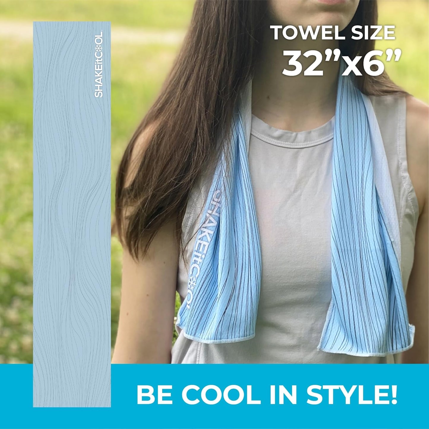 SHAKEitCOOL Original Cooling Towel – Be Cool in Style - Heat Relief, Soft, Lightweight, Sun Protection, Easy Clean - Perfect for Biking, Running, Yoga, Gym, Gardening - Blue Wave