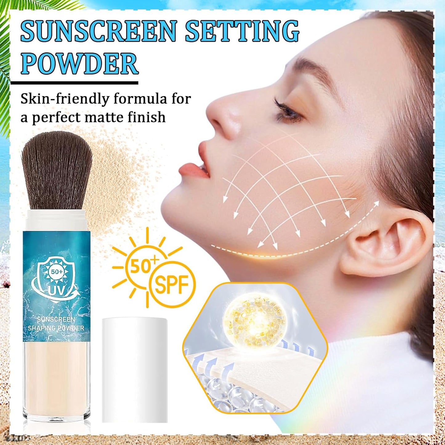 Mineral Face Sunscreen Setting Powder,Lasting Oil Control Lightweight Powder Sunscreen with SPF50+,Loose Waterproof Brush on Sun Screen Makeup for All Skin Types