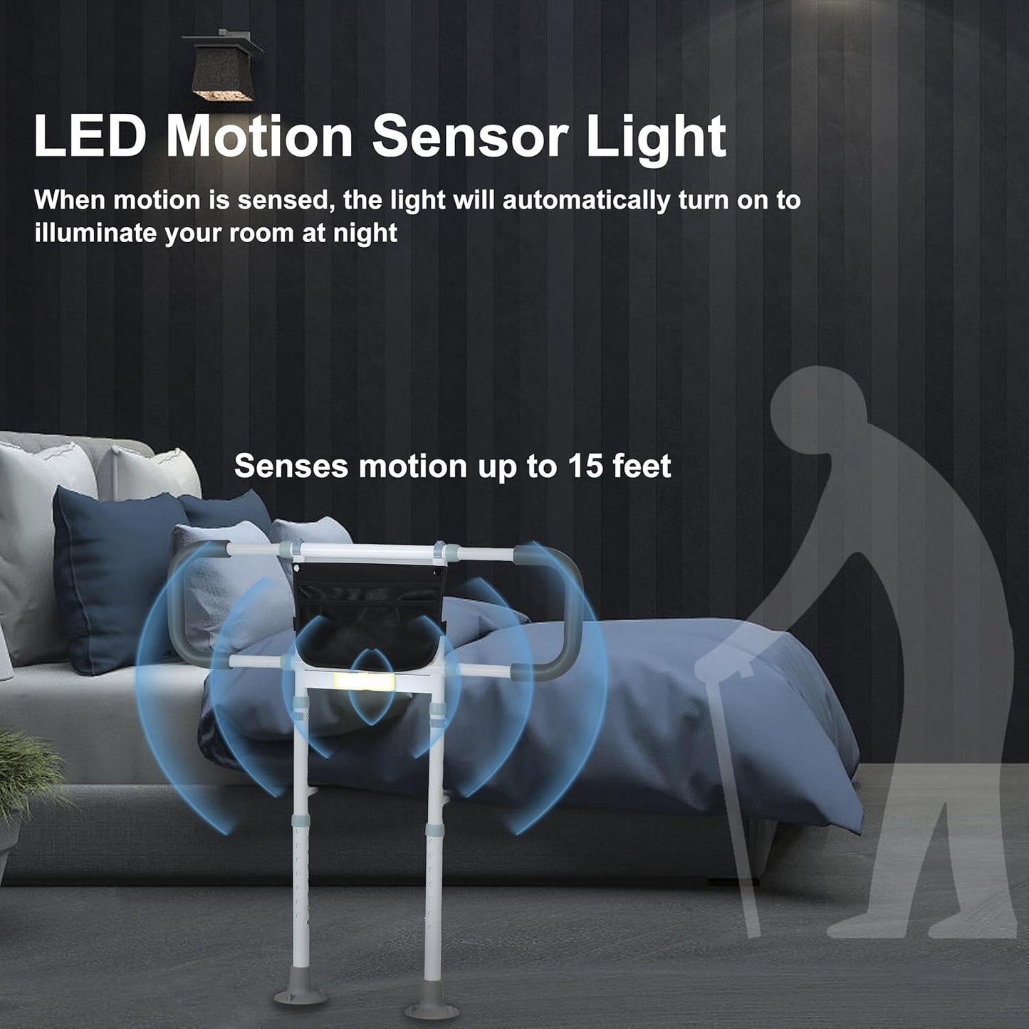 Bed Rails for Elderly Adults Safety - Elderly Assistance Products, Bedrails for Rlderly Adults Grab Bar Bed Handrails, Bed Rail with Pocket, Motion Sensor Light Fits King, Queen, Full, Twin (White)