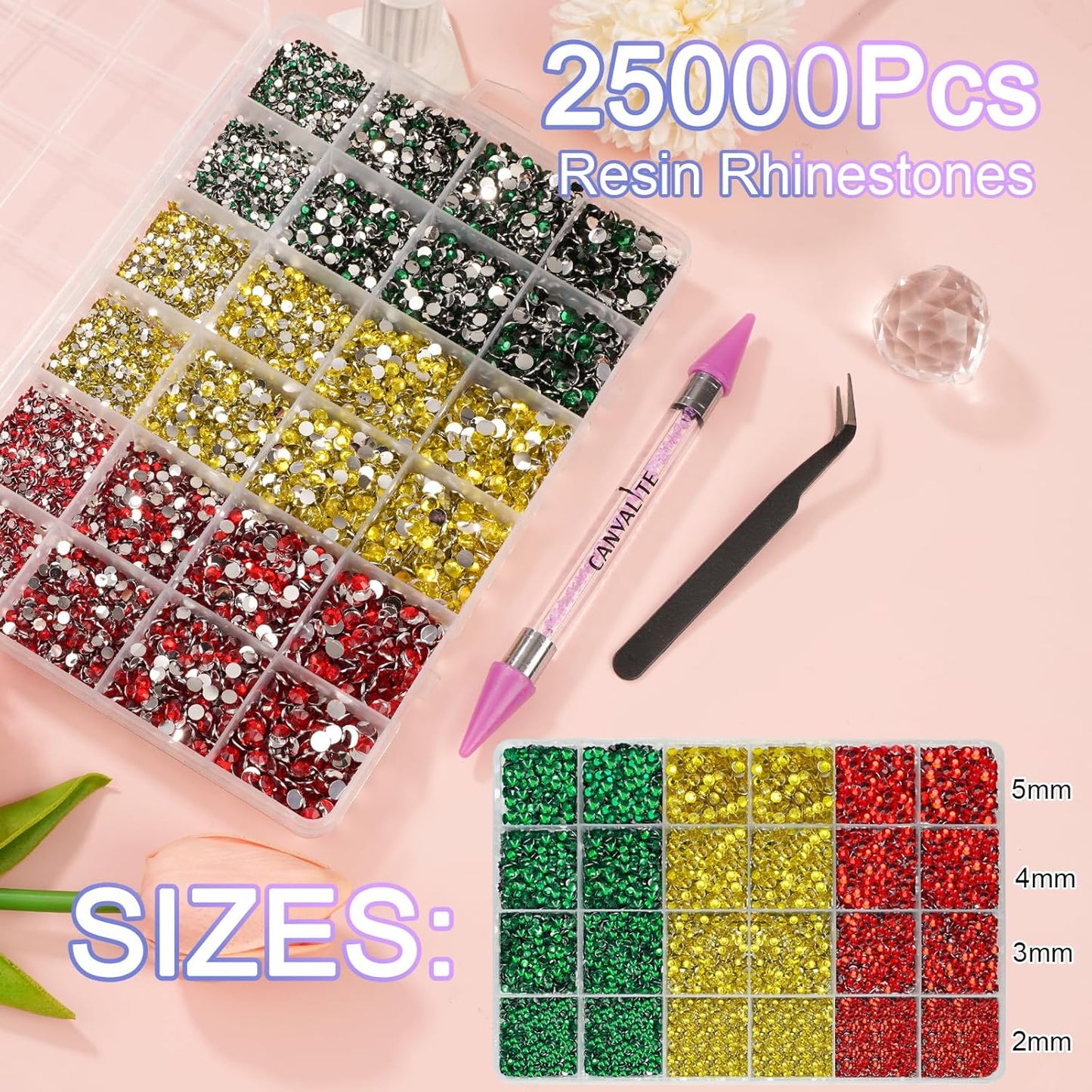 Canvalite 25000PCS Resin Jelly Rhinestones for Crafting, Christmas Flatback Gems, Bedazzling Crystal with 5x2.5g B7000 Jewelry Glue and Tweezers Dotting Pen for DIY Crafts Clothing Shoes Nail Art
