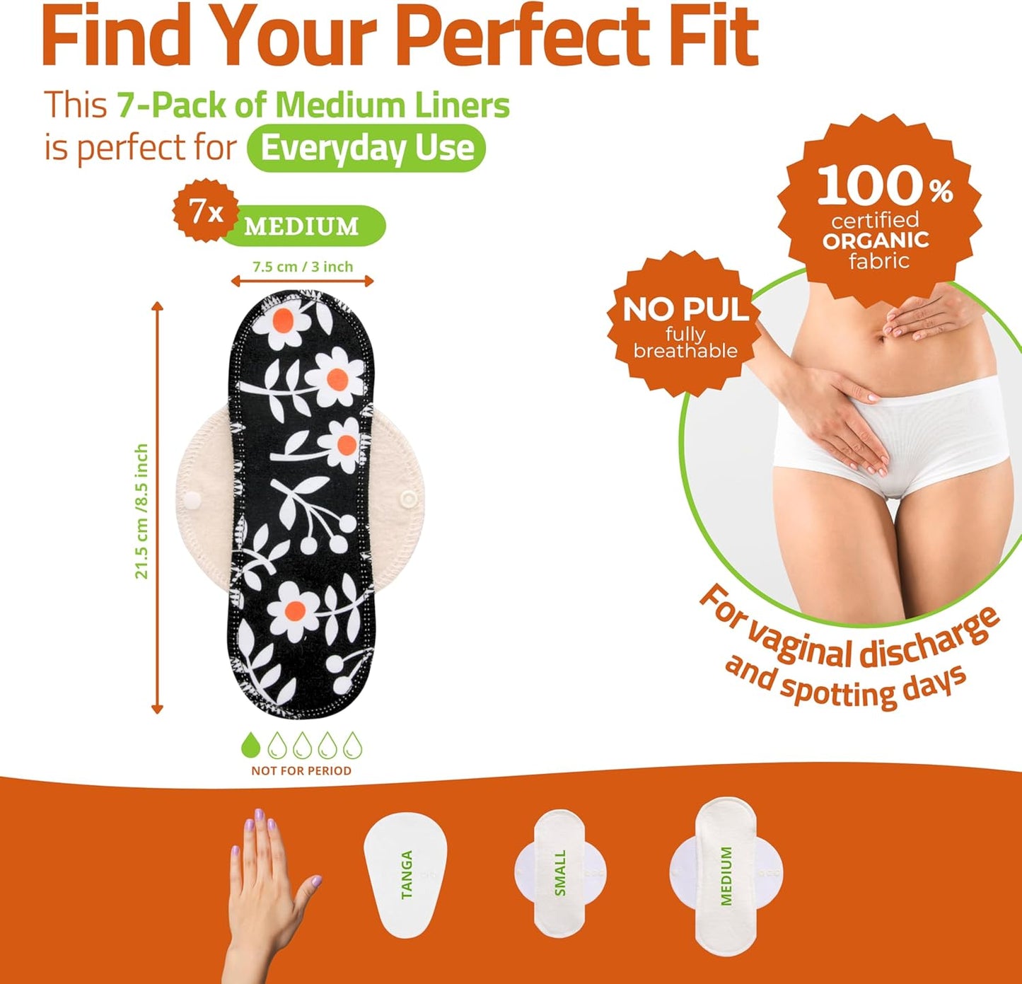 Made in EU - Ultra-Thin Reusable Panty Liners (Medium, 7-Pack) – High-Temp Washable Cloth Panty Liners for Women – Secure & Breathable Organic Viscose Keeps You Fresh & Dry for Daily Vaginal Discharge