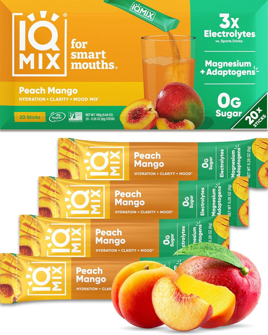 IQMIX Hydration Electrolyte Powder – 4-in-1 Formula for Hydration, Mental Clarity, Mood and Recovery – Sugar-Free Drink Mix, Keto, Magnesium L-Threonate, Lion’s Mane – 20 Count Peach Mango