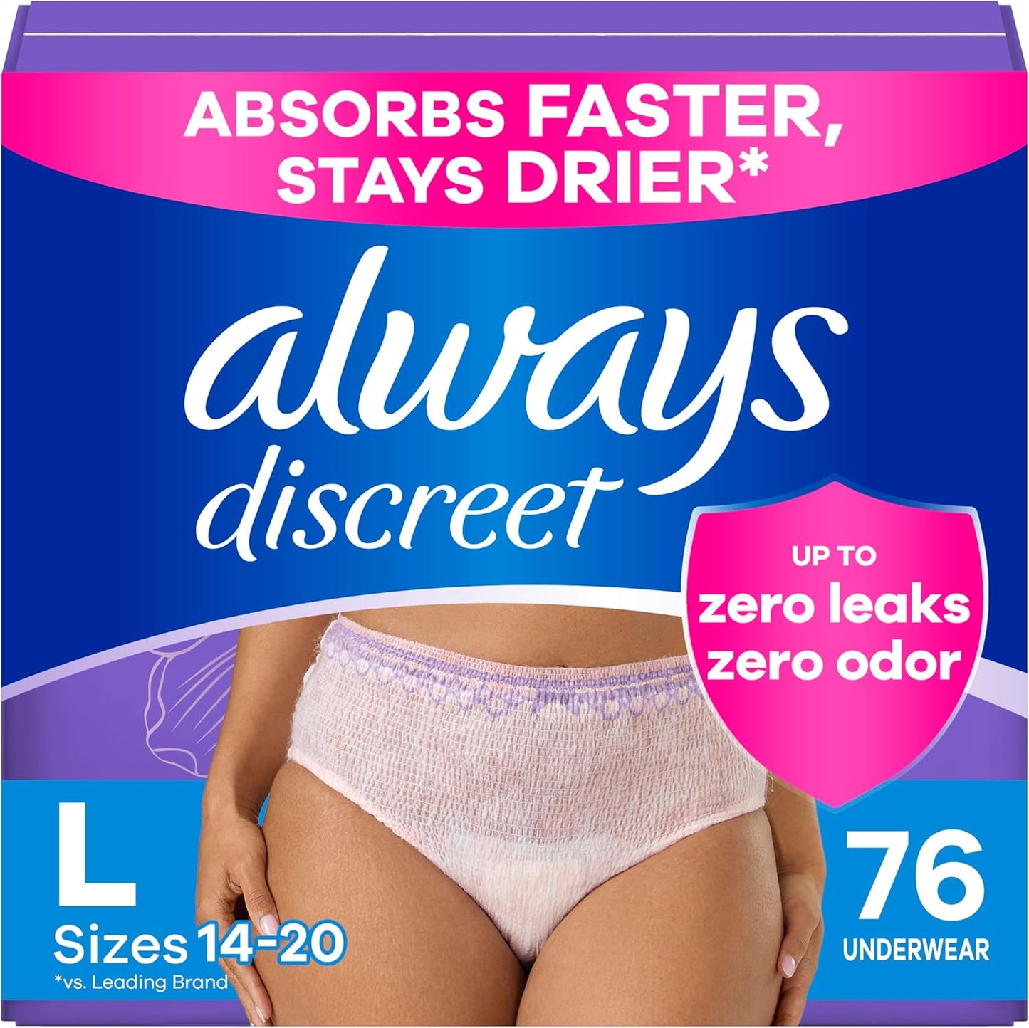 Always Discreet Adult Incontinence Underwear for Women and Postpartum Underwear, Large, Up to 100% Bladder Leak Protection, 76 Count (2 Packs of 38)
