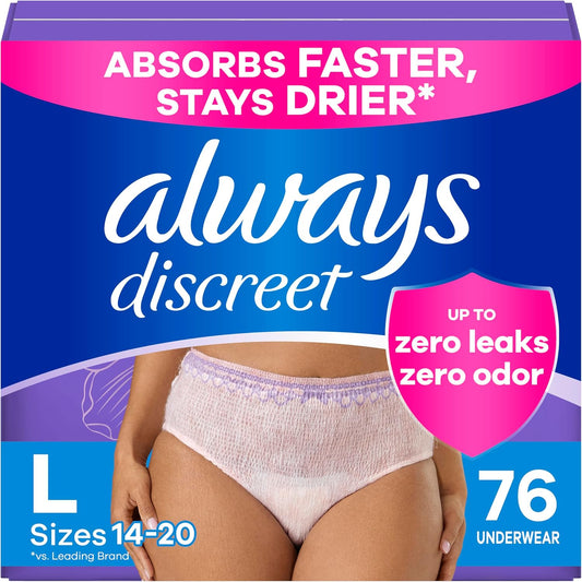 Always Discreet Adult Incontinence Underwear for Women and Postpartum Underwear, Large, Up to 100% Bladder Leak Protection, 76 Count (2 Packs of 38)