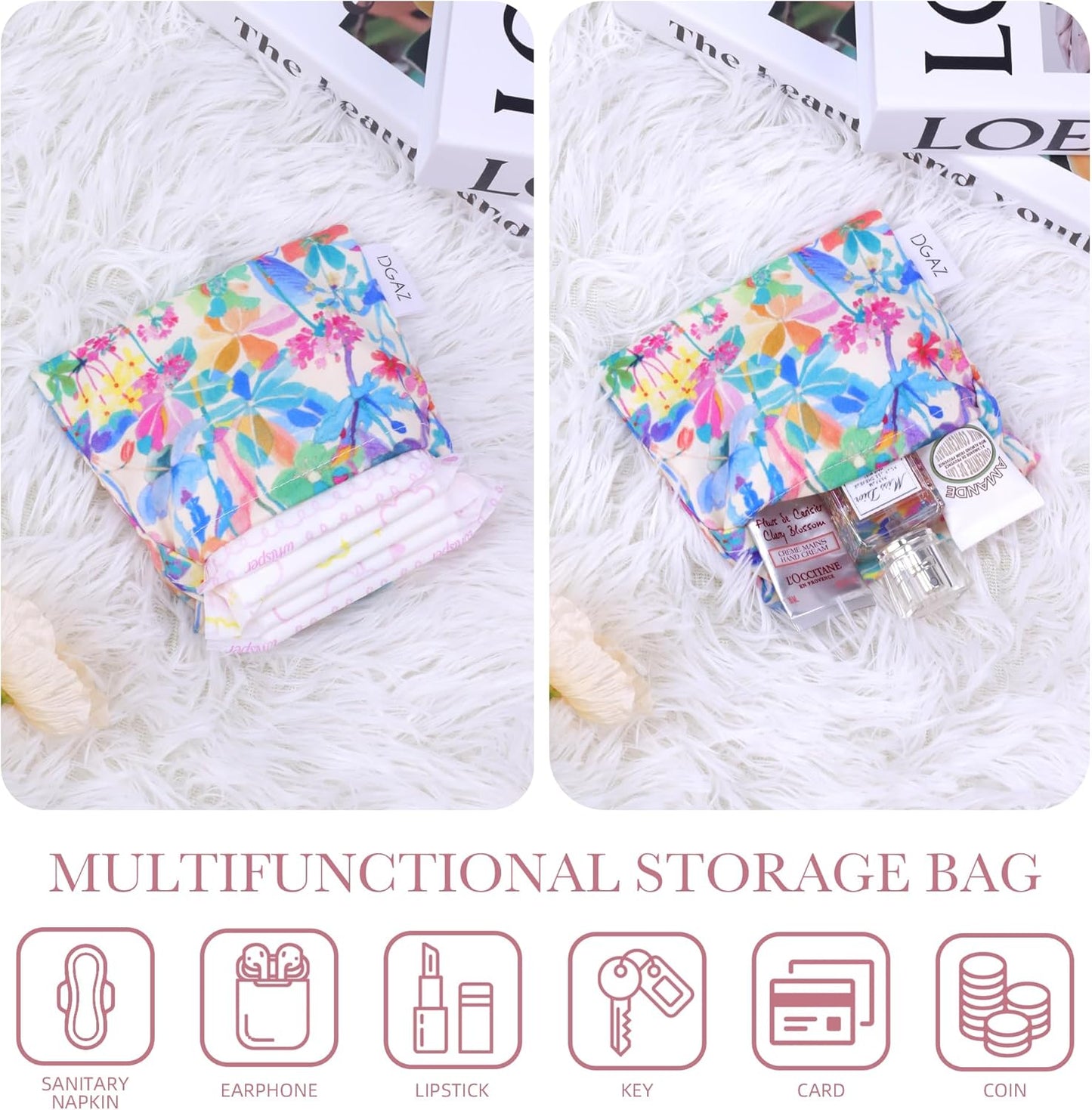 DGAZ Sanitary Napkin Storage Bag, Period Bag for Teen Aged Girls, Portable Period Bag for Panty Liners/Menstrual Cup/Small Tampons，Mini Makeup Bag for Purse(Emerald White)