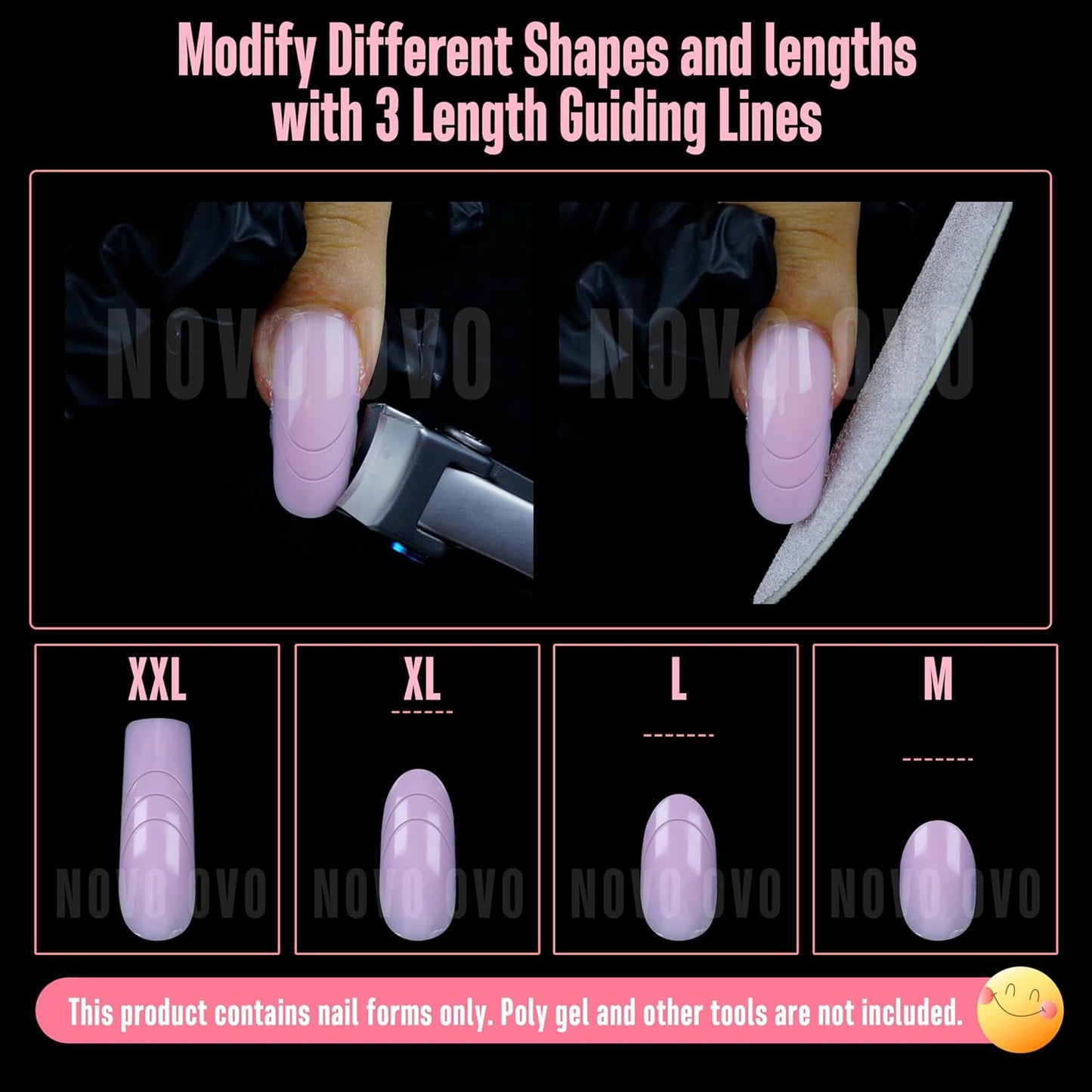 Helloween Curved Square Nail Dual Forms for Poly Gel Extension with Guiding Line Inside, M L XL Reusable Full Cover Acrylic/Builder/Hard Gel Polygel Molds for Salon DIY x 15 sizes 150 Pcs
