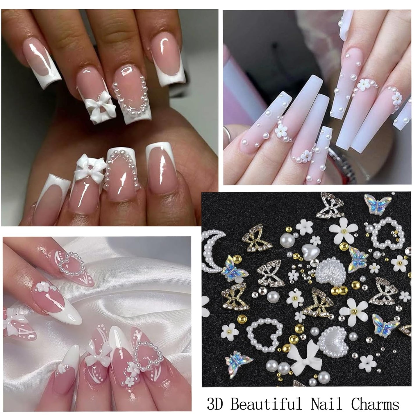 Nail Art Charms with Rhinestones Glue Gel White Flatback Pearls Flower Butterfly Nail Gems Supplies Accessories Gold Silver Nails Decoration Pearls for Women Nails Design