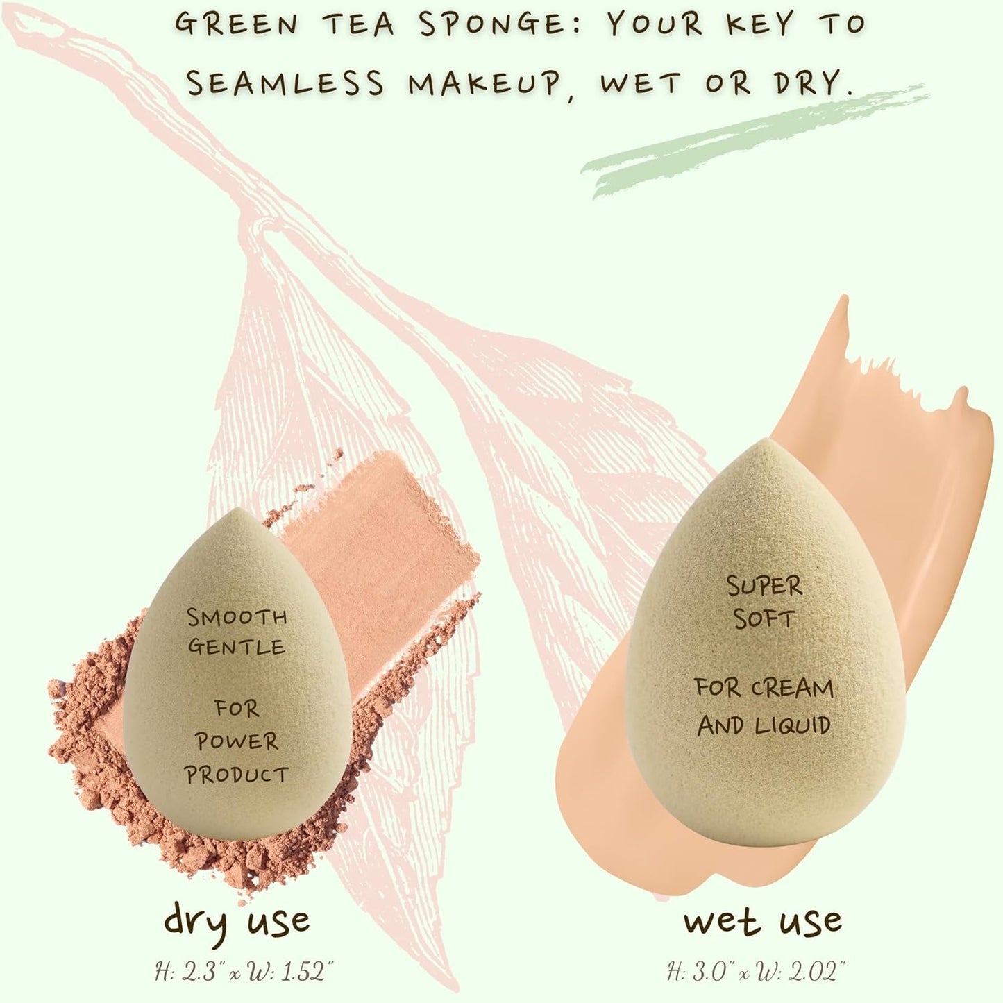 Green Tea Beauty Sponge - Plant-Based, Eco-Friendly, Cruelty-Free, Dye-Free & Latex-Free Blender, Biodegradable & Vegan Makeup Sponge, Makeup Blender, Perfect for Liquid & Powder (1 Count)