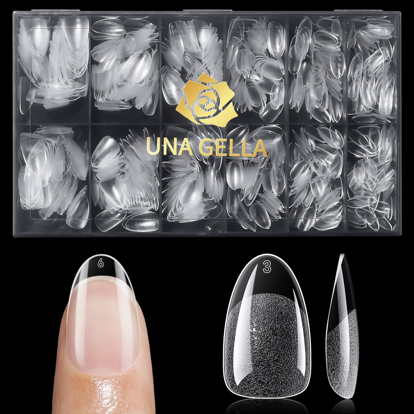 UNA GELLA 600Pcs Short Oval Almond Gel Nail Tips, Pre-file Round Almond Nail Tips 12 Sizes Soft Gel Clear Fake Nails Tips Full Cover for Nails Extension Home DIY Salon with Box