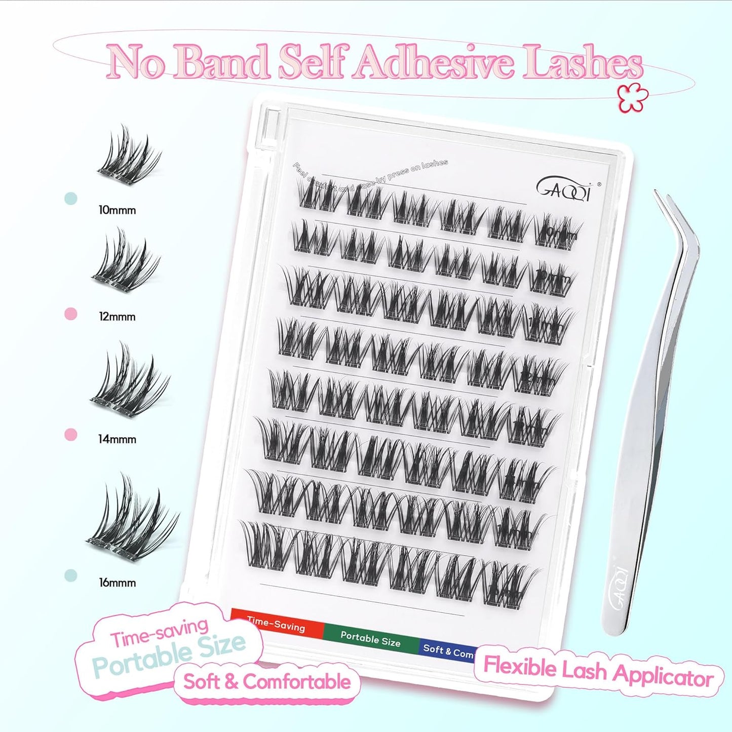 GAQQI Self Adhesive Eyelashes Clusters, No Glue Lash Clusters 10-16mm Dense & Volume Spiky Cluster Lashes, No Band Press On Lashes, More Comfortable & Stronger Hold (Twin）