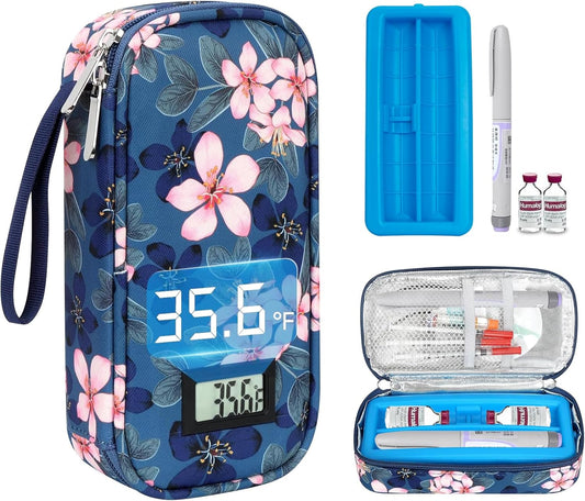 Insulin Cooler Travel Case for Pen & Vials - TSA Approved Temperature Display Diabetic Medication Cooling Bag with Protective Ice Brick, Refrigerated Diabetes Supplies Carrying Organizer(Magnolia)
