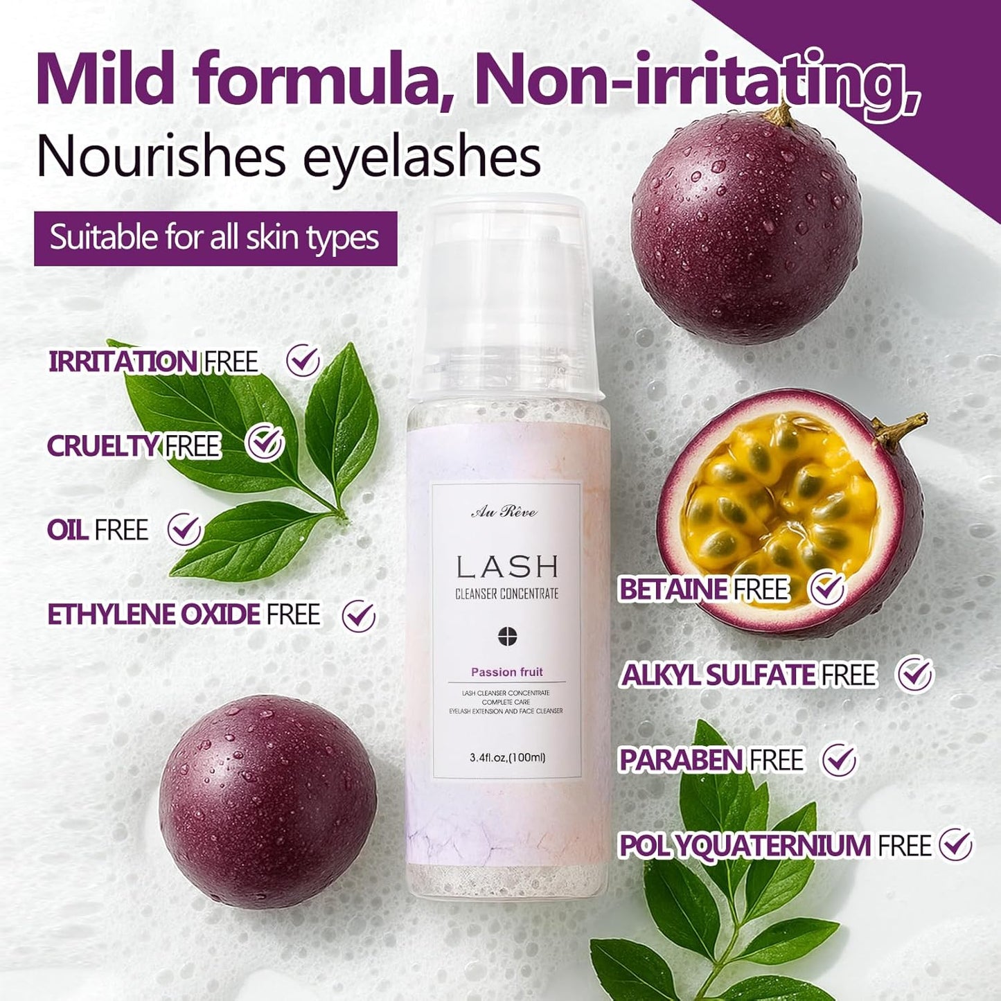 Lash Shampoo Concentrate 100ml Lash Extension Cleanser Oil-Free Eyelash Extension Shampoo with Salon Home Care -Makes 20 Bottles 60ml Eyelash Cleaner,Passion fruit