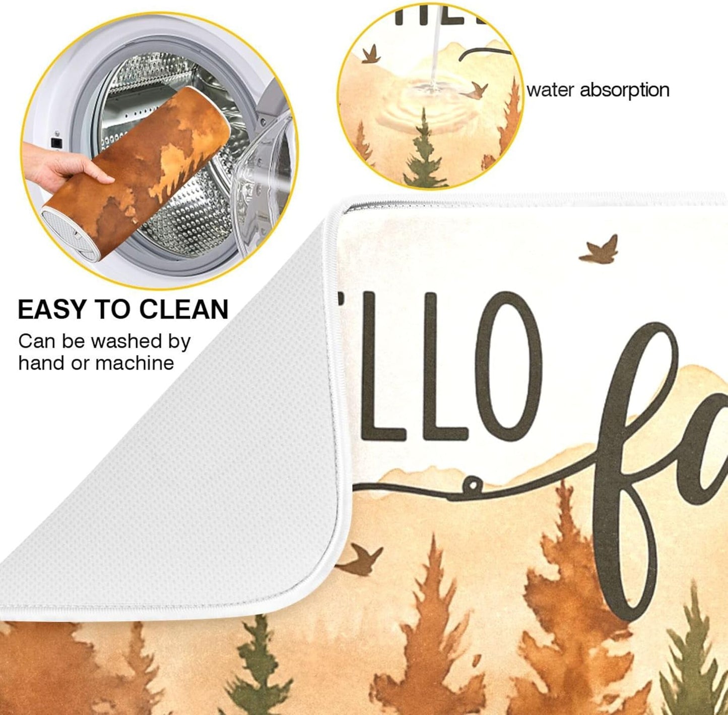 Hello Fall Forest Dish Drying Mat for Kitchen Countertop 16x18 Autumn Pine Tree Small Drying Mat Reusable Quick Dry Dish Sink Mats Easy Clean Decorative Essentials